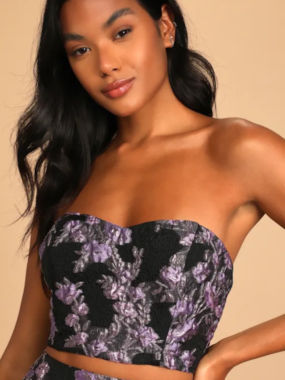 💜Free Shipping💜 Lulu’s Invite List Black Floral Jacquard Strapless Crop Top- M